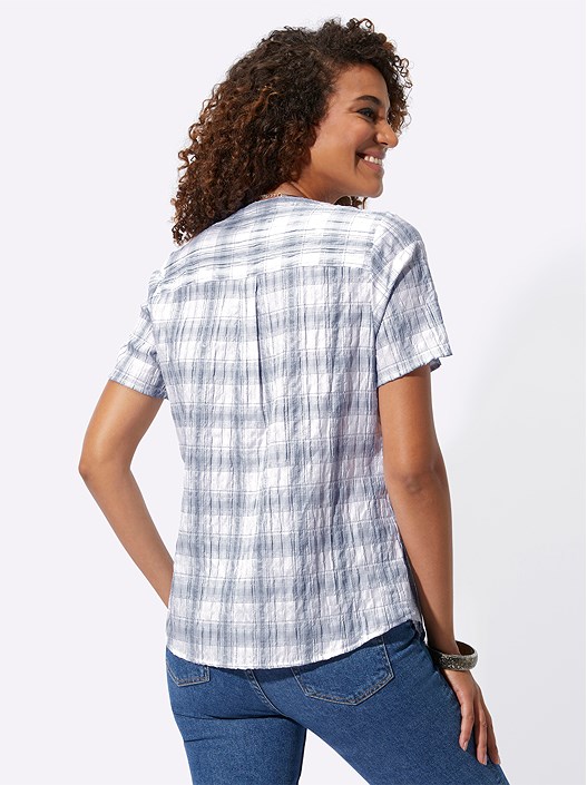 Creation L Navy/Ecru-Checked Seersucker Checked Blouse
