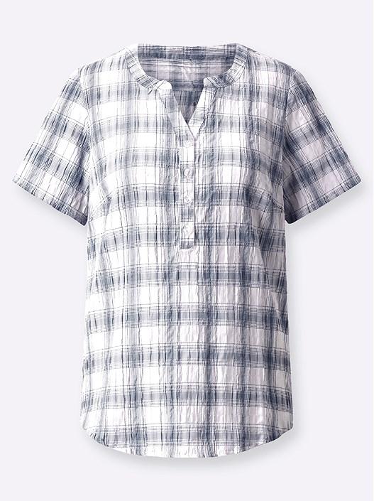 Creation L Navy/Ecru-Checked Seersucker Checked Blouse