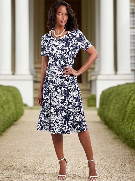 creation l Navy-Ecru-Printed Floral Flared Dress from creation L