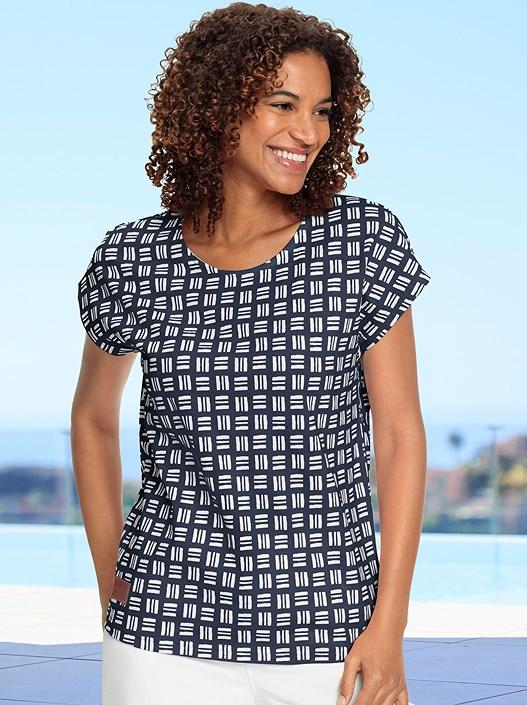 Creation L Navy-Ecru-Printed Short Sleeve Printed Shirt