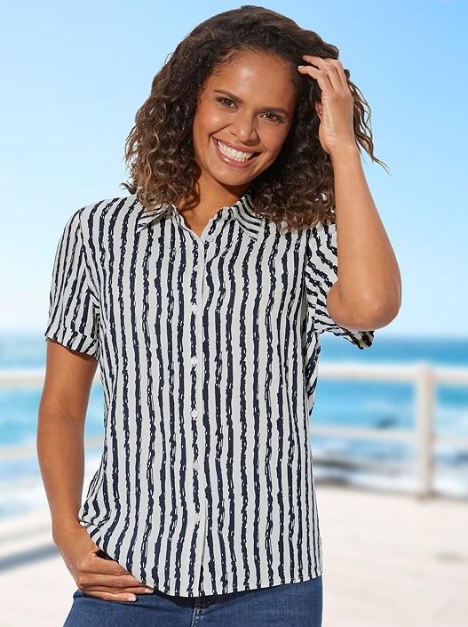 creation l Navy/Ecru-Striped Striped Button Up Blouse