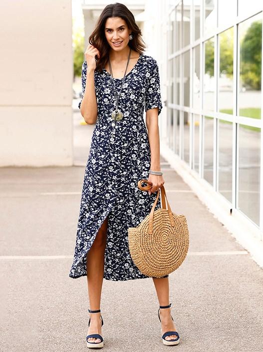 creation l Navy-Printed V-Neck Floral Dress from creation L