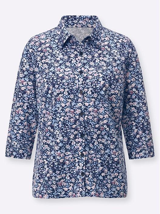 Creation L Navy-Rose-Printed Floral Button Up Blouse