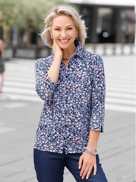 creation l Navy-Rose-Printed Floral Button Up Blouse