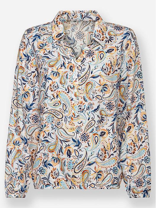 Creation L Ocher-Denim Blue-Printed Collared Paisley Blouse
