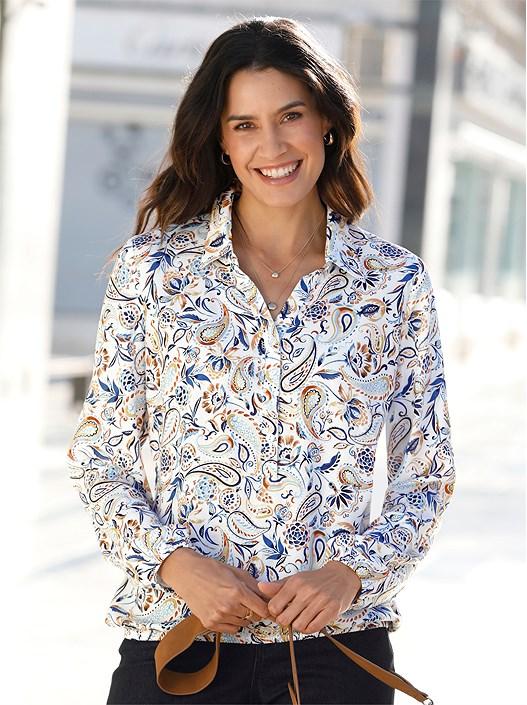 creation l Ocher-Denim Blue-Printed Collared Paisley Blouse