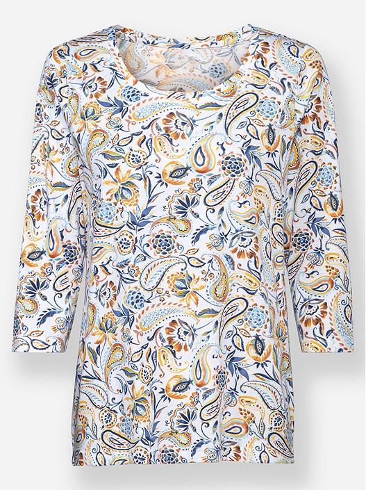 Creation L Ocher-Denim Blue-Printed Paisley 3/4 Sleeve Shirt