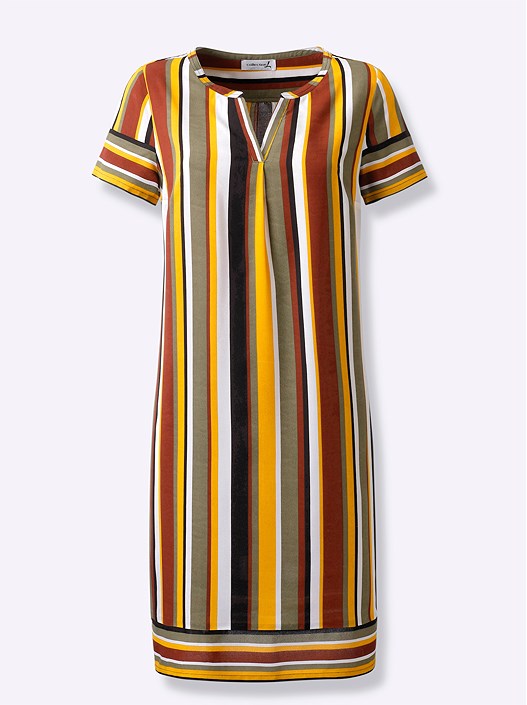 Creation L Ochre-Khaki-Striped Striped V-Neck Dress From Creation L