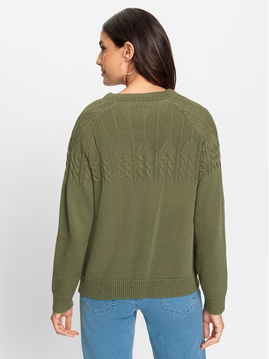 Creation L Olive-Mottled Cable Knit Button Up Sweater From Creation L