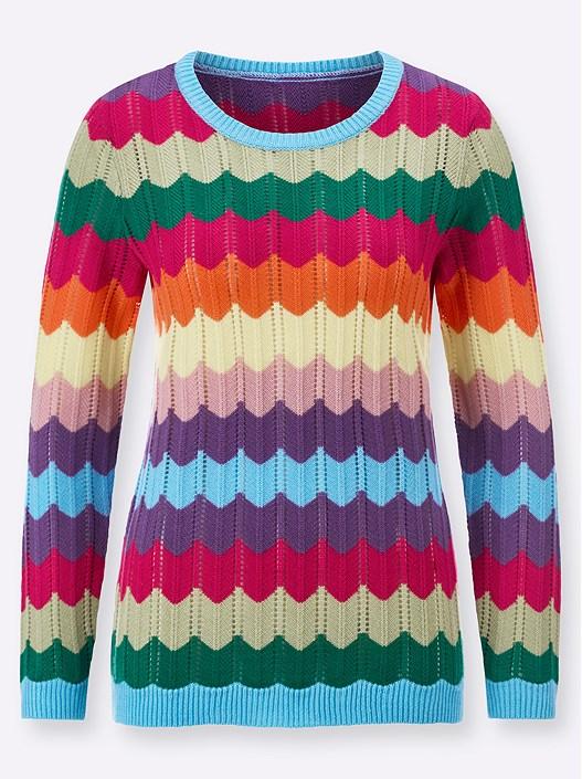 Creation L Pink-Aqua-Patterned Printed Open Knit Sweater From Creation L