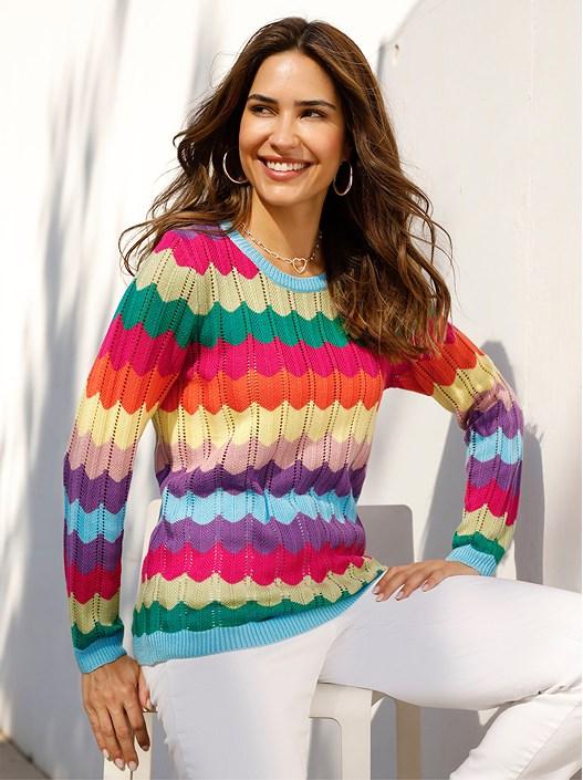 creation l Pink-Aqua-Patterned Printed Open Knit Sweater from creation L