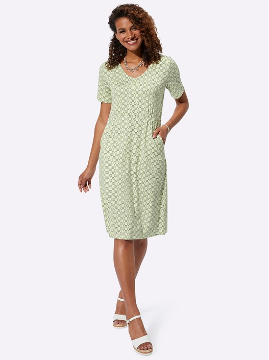 Creation L Pistachio-Khaki-Printed Printed V-Neck Dress From Creation L