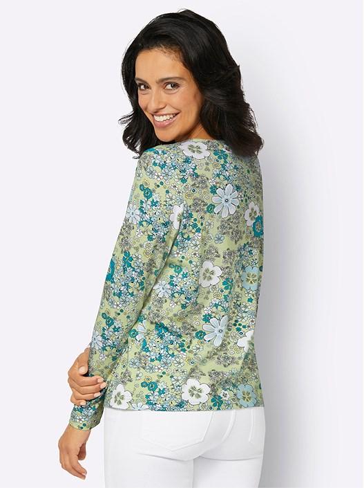 Creation L Pistachio-Mint-Printed Floral Boat Neck Shirt