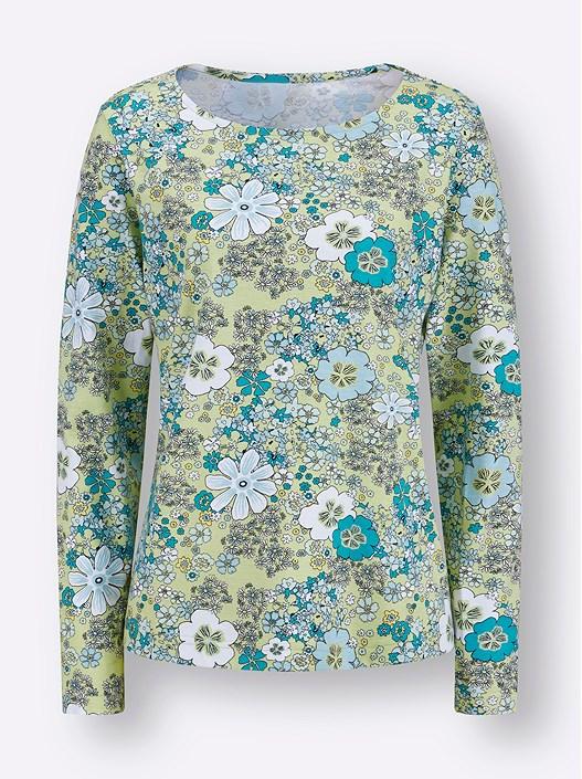 Creation L Pistachio-Mint-Printed Floral Boat Neck Shirt
