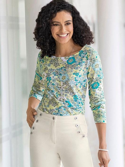 creation l Pistachio-Mint-Printed Floral Boat Neck Shirt