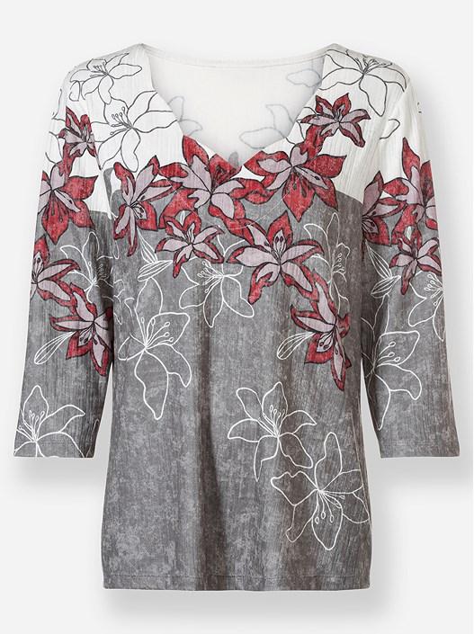 Creation L Red-Black-Printed Floral 3/4 Sleeve Shirt