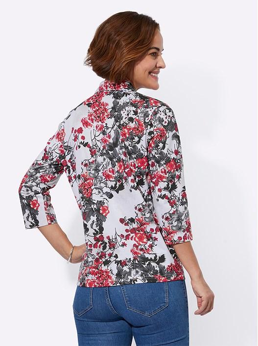 Creation L Red-Grey-Printed Floral Quarter Zip Polo Shirt