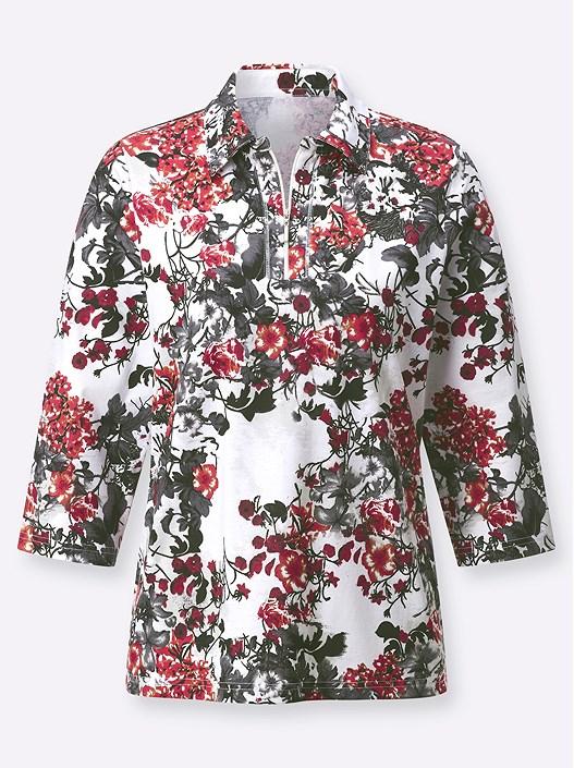 Creation L Red-Grey-Printed Floral Quarter Zip Polo Shirt
