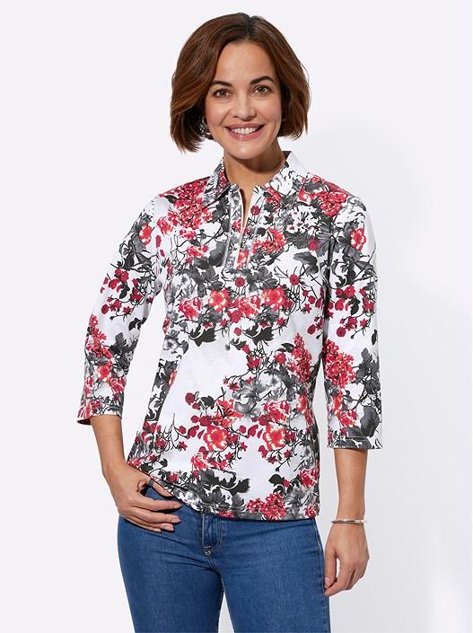 Creation L Red-Grey-Printed Floral Quarter Zip Polo Shirt