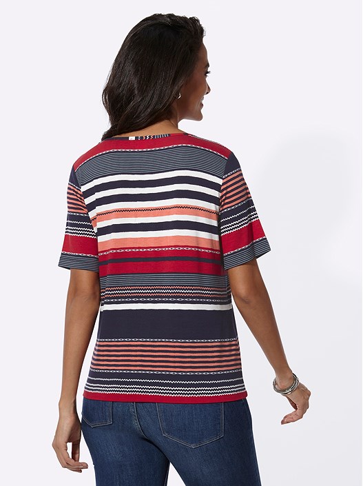 Creation L Red-Navy-Printed Striped Short Sleeve Shirt