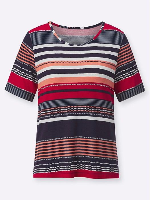 Creation L Red-Navy-Printed Striped Short Sleeve Shirt