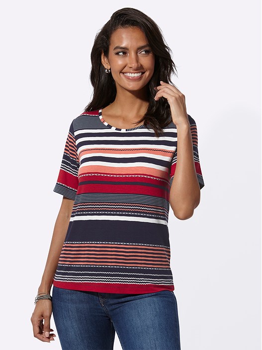 Creation L Red-Navy-Printed Striped Short Sleeve Shirt