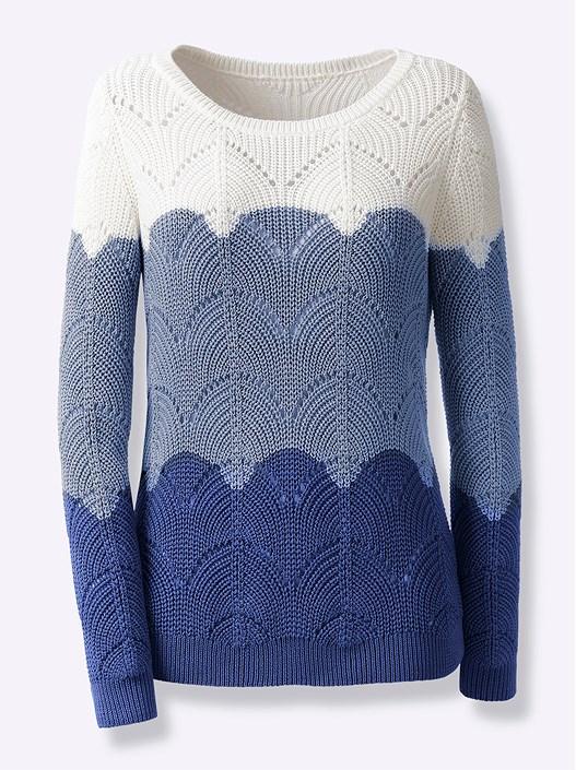 Creation L Royal Blue-Ecru-Patterned Color Block Ajour Knit Sweater From Creation L