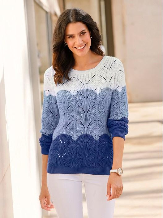 creation l Royal Blue-Ecru-Patterned Color Block Ajour Knit Sweater from creation L
