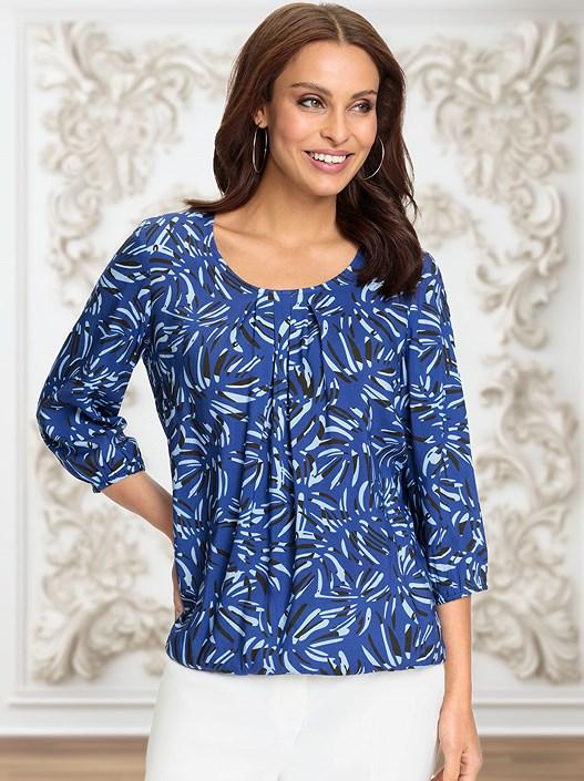 creation l Royal Blue-Graphite-Printed Printed 3/4 Sleeve Blouse