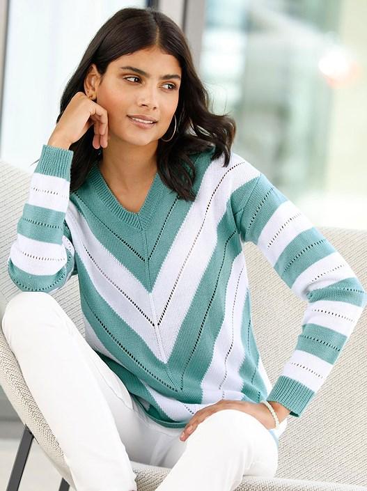 creation l Sage-Patterned Striped Ajour Knit Sweater from creation L