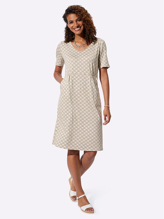 Creation L Sand-Dark Taupe-Printed Printed V-Neck Dress From Creation L