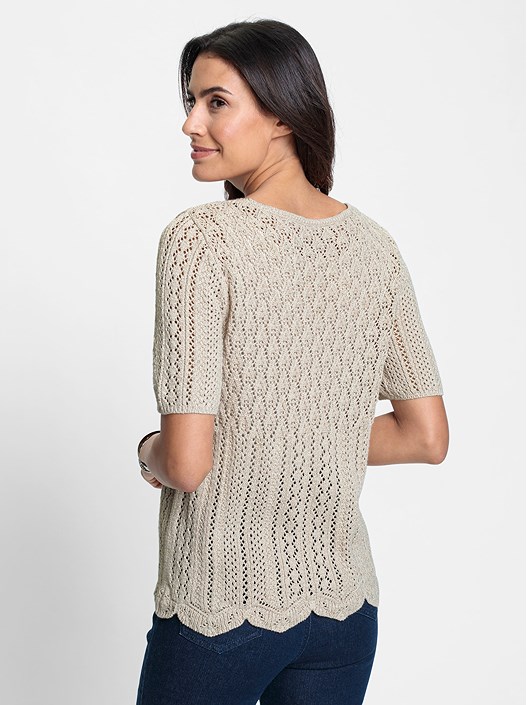 Creation L Sesame-Ecru-Mottled Open Knit Short Sleeve Sweater From Creation L