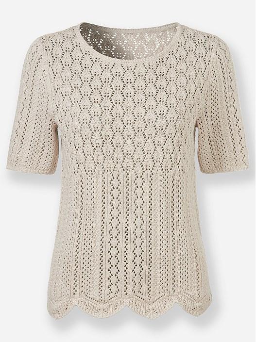 Creation L Sesame-Ecru-Mottled Open Knit Short Sleeve Sweater From Creation L