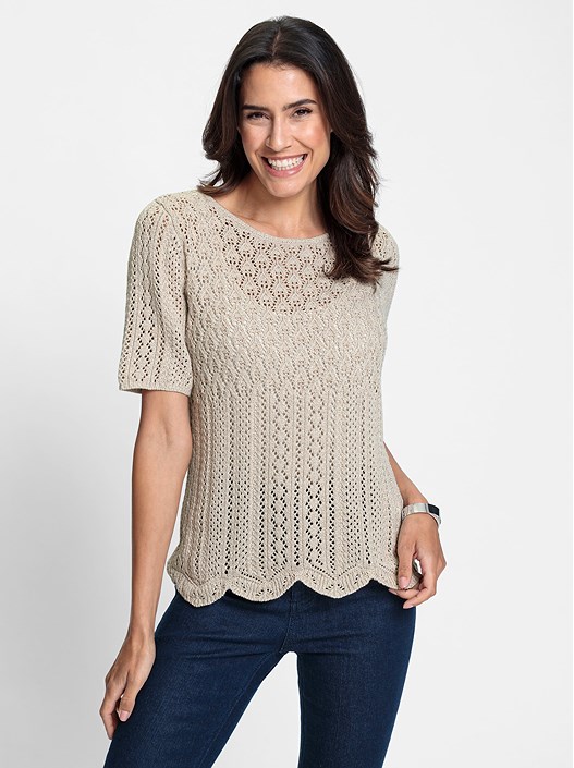 Creation L Sesame-Ecru-Mottled Open Knit Short Sleeve Sweater From Creation L