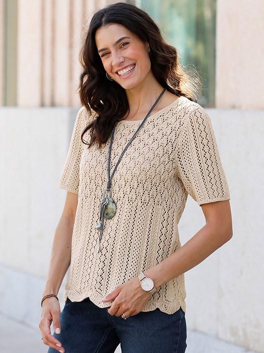 creation l Sesame-Ecru-Mottled Open Knit Short Sleeve Sweater from creation L