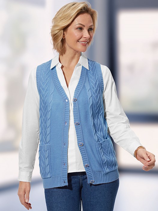 creation l Sky Blue Cable Knit Button Up Vest from creation L