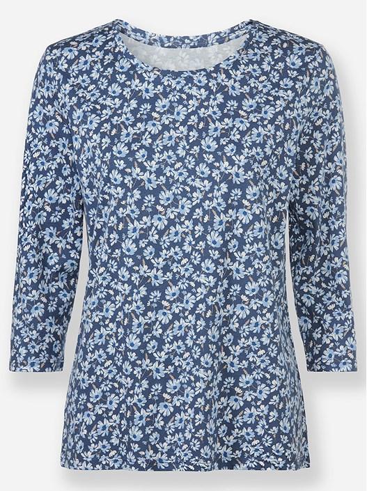 Creation L Smoky Blue-Blue-Printed Floral 3/4 Sleeve Shirt