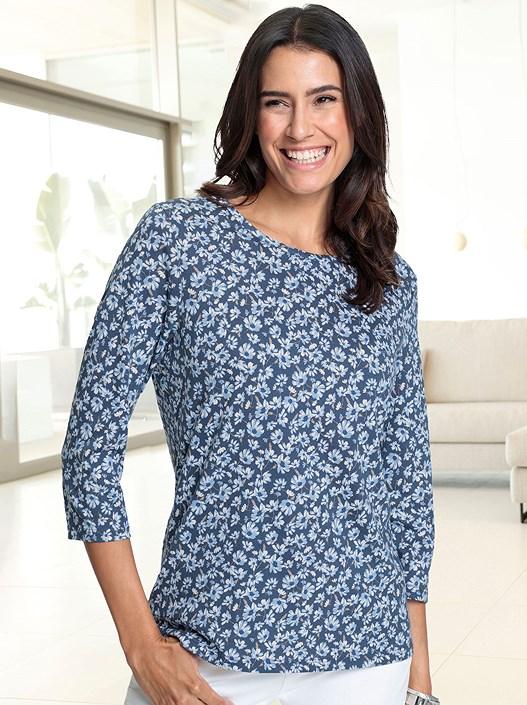 creation l Smoky Blue-Blue-Printed Floral 3/4 Sleeve Shirt