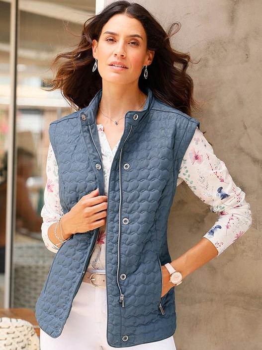 Creation L Smoky Blue-Printed Removable Sleeve Quilted Jacket