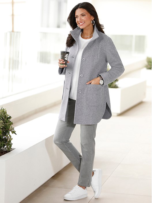 creation l Stone-Grey-Mottled Button Up Long Jacket