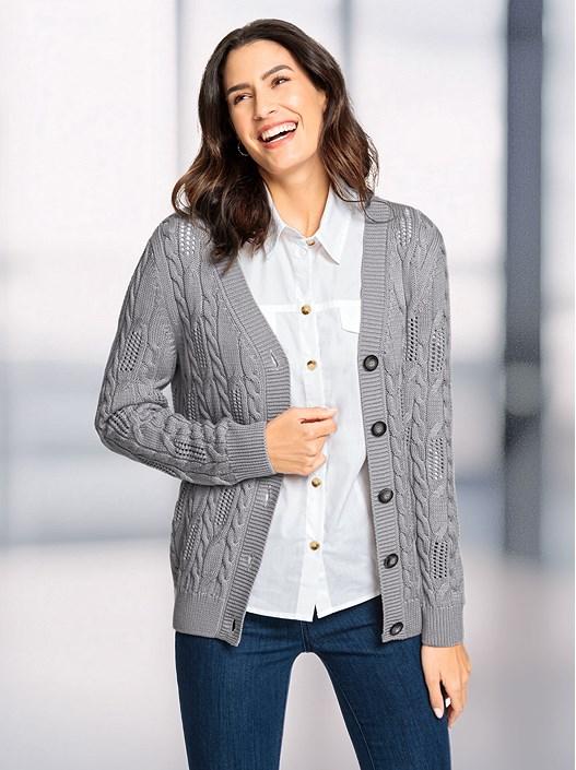 creation l Stone-Grey-Mottled Cable Knit Cardigan from creation L