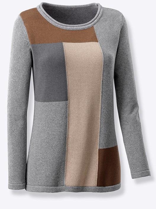 Creation L Stone-Grey-Patterned Color Block Sweater From Creation L