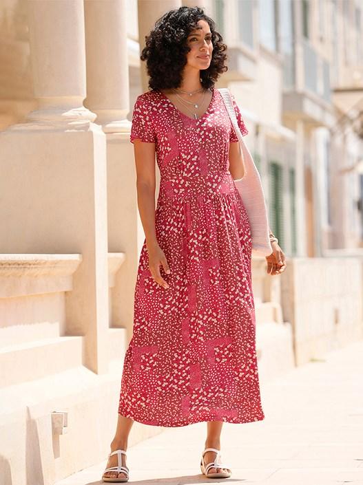 creation l Strawberry-Champagne-Printed Patchwork Print Midi Dress from creation L