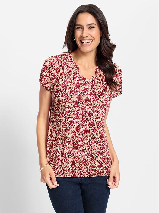 Creation L Strawberry-Linden Green-Printed Floral Stand Up Collar Shirt