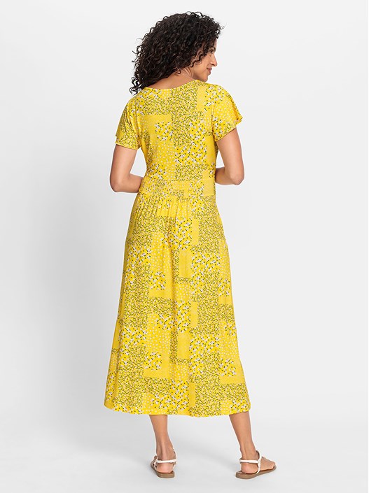 Creation L Sun Yellow-Champagne-Printed Patchwork Print Midi Dress From Creation L