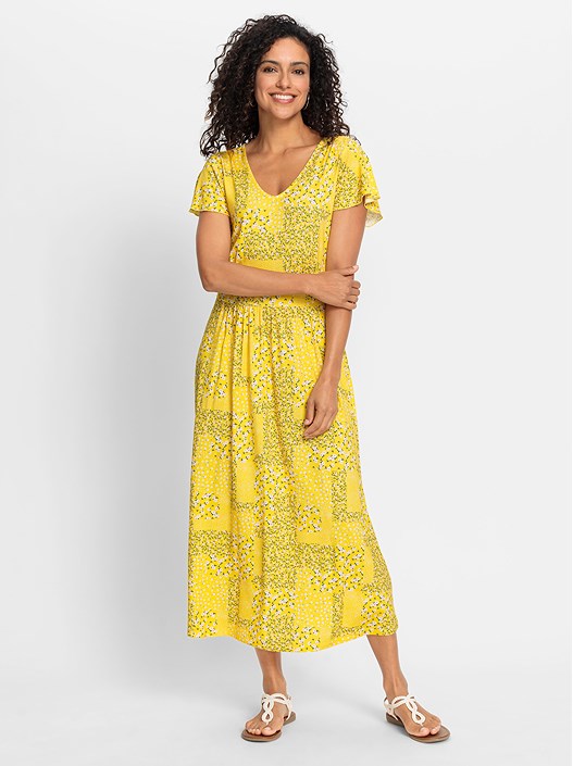 Creation L Sun Yellow-Champagne-Printed Patchwork Print Midi Dress From Creation L