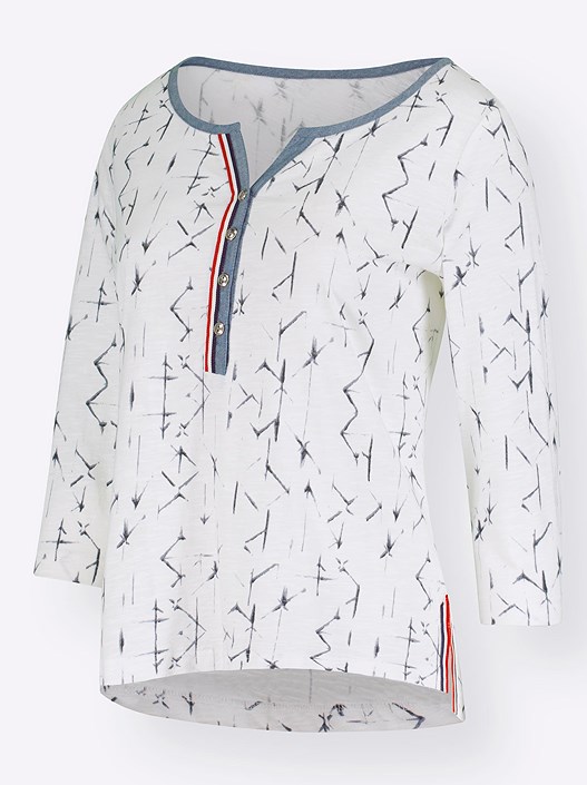 Creation L White-Blue-Printed Button Panel Print Shirt