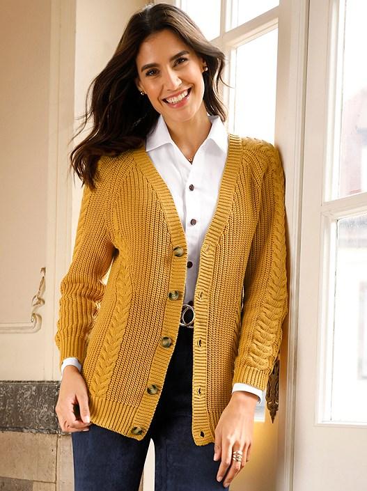 creation l Yellow Ochre Cable Knit Button Down Cardigan from creation L
