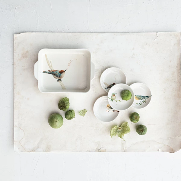 Creative Co Op 1 Quart Stoneware Baker W/ Bird On Branch & Handles ©