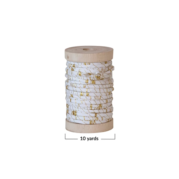 Creative Co Op 10 Yard Raffia Wired Ribbon W/ Metallic Thread On Wood Spool White & Gold Color
